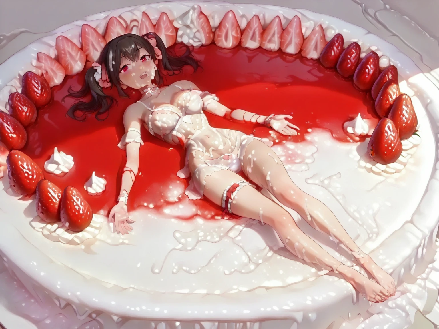 Anime girl in a slime swimsuit sitting in a bowl of sauce, covered in red slime, covered in ketchup, Attractive anime girl, ahegao, Edge, spilling ketchup OPPEIN, Popular on cgstation , Anime Food, Realistic cooking, , Gamoyedre,Edible Girl