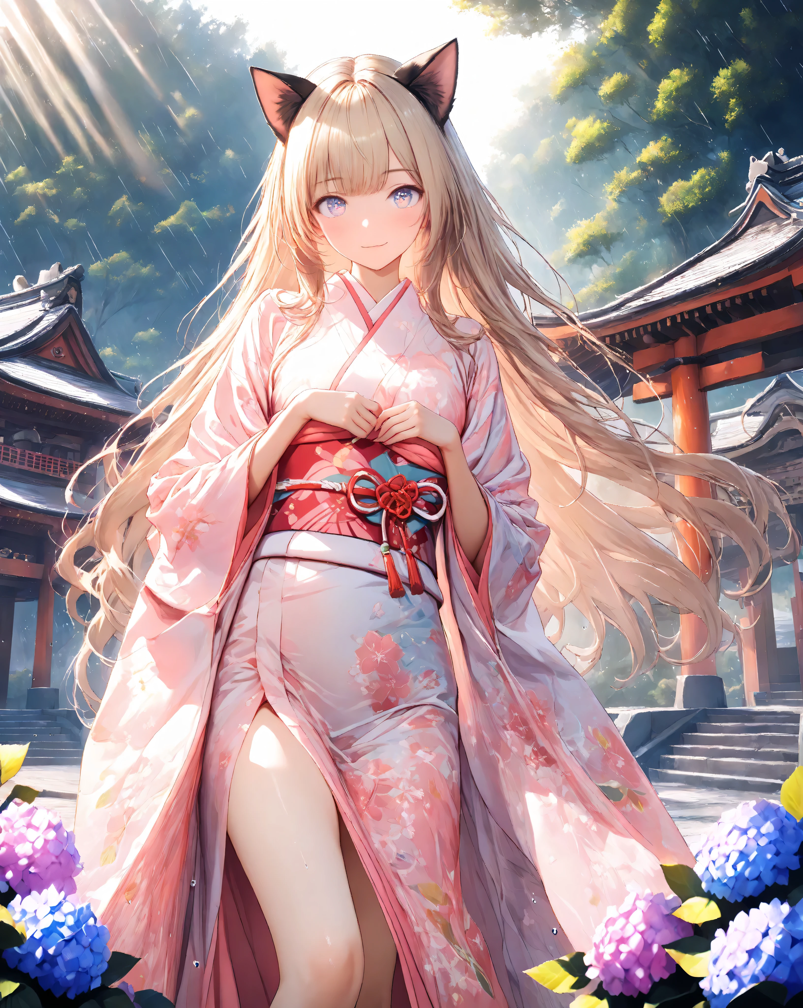 Quality:
(average score), (masterpiece, detailed:1.2), (ultra-detailed), (ultra-quality), (super-resolution), (detailed-background)
Art Style:
(photorealistic):1.4, (2.5D):1.5, (realistic lighting):1.3, (atmospheric light):1.4, (volumetric god rays):1.3, ray tracing, depth of field, (soft morning light):1.5, (glowing mist):1.2, (wet look, rain droplets):1.2, (vibrant lush palette):1.3, (ethereal atmosphere)

Subject (Foreground):
(Breathtaking 20-Year-Old Fairy Cat Woman ):1.5, (happy-smile):1.4,(confident expression),(Stylish Walk pose):1.4,
(detailed vivid eyes),(delicate and moisturized lips),(smooth and slender body lines):1.3,(translucent and moisturized skin), graceful knee lines, (natural and beautiful leg lines), delicate body contours,
(blonde hair with soft light):1.2, (shimmering with natural light), (meticulously detailed strands of hair), silky smooth texture, flowing gently, natural shading and highlights,
(delicate cat ears):1.2, 
(delicate cat tail):1.2, 
(kimono from which the cat tail emerges):1.2,
(natural and graceful hand pose):1.3, hands based on realistic human body structure, transparent fingertips, clearly defined joints, detailed expression of the fingers


Outfit:(pale mauve and pink gradient kimono):1.6, (soft chiffon kimono fabric):1.4, (Pastel blue obiage):1.3, (pastel yellow obijime):1.3, (white fukuro obi with pastel cherry blossom pattern):1.4, (traditional zori sandals)

Background :(Japanese shrine torii gate in foreground):1.4, (dew-kissed vibrant hydrangeas lining path):1.5, (hydrangeas lining path thickly):1.6,(ancient moss-covered stone lanterns):1.2, (misty morning atmosphere):1.4,
(Subtle rising sun light rays through trees):1.5, (soft morning fog):1.1, (glowing light reflecting on wet surfaces):1.3,
(distant main shrine building through foliage):1.2, (serene temple grounds), (traditional Japanese garden elements), (lush green trees)