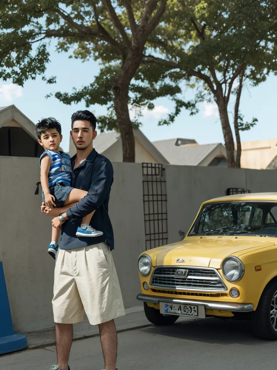 A boy sitting in a Porsche with his friends all having black hair and blue eyes