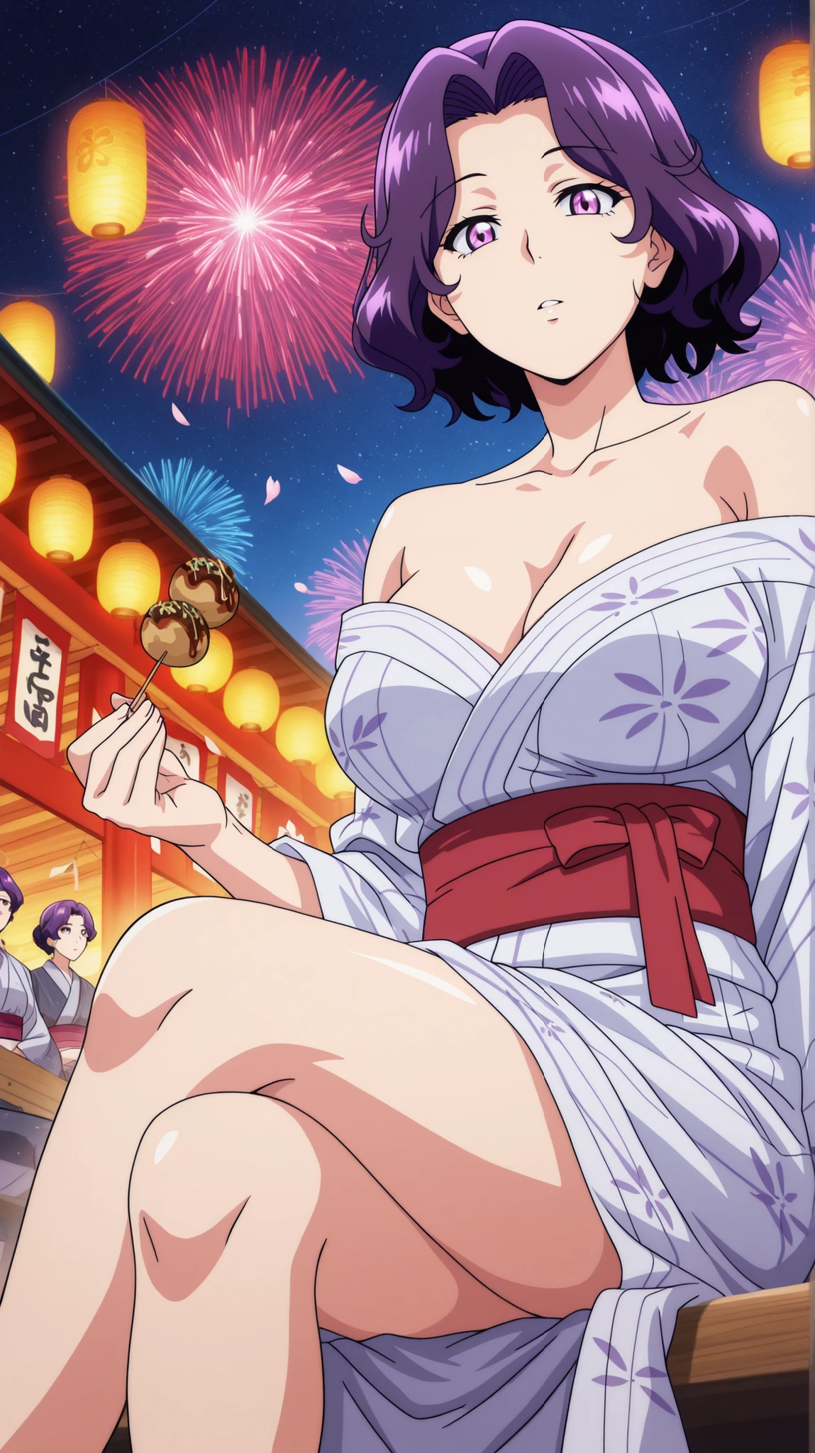 BREAK looking at viewer, BREAK (masterpiece:1.2), best quality, high resolution, unity 8k wallpaper, (illustration:0.8), (beautiful detailed eyes:1.6), extremely detailed face, perfect lighting, extremely detailed CG, (perfect anatomy), Traditional Japanese night festival (matsuri), crowded streets, glowing paper lanterns (chochin), vibrant red torii gates, food stalls (yatai) with takoyaki and apples, fireworks (hanabi) in the starry sky, anime-style characters in yukata, warm golden and red lighting, cherry blossom petals floating in the air, lively atmosphere, detailed Ukiyo-e inspired patterns, slight motion blur on moving figures, 4K, cinematic composition,azusa hamaoka, short hair, purple eyes, purple hair, parted bangs, mature female, breasts, anime screencap,red and white yukata,floating yukata,bare shoulders,cleavege,collarbone,in middle,cowboy shot,front photo,sitting on bench,cross legs,from below,horny