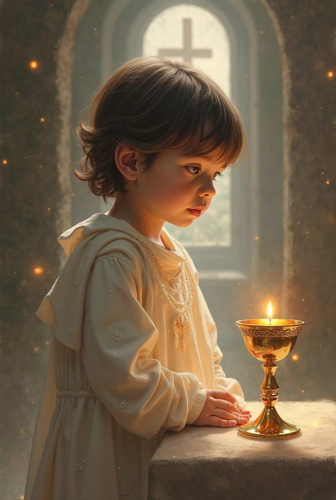 Catholic child worshiping Jesus in the Eucharist