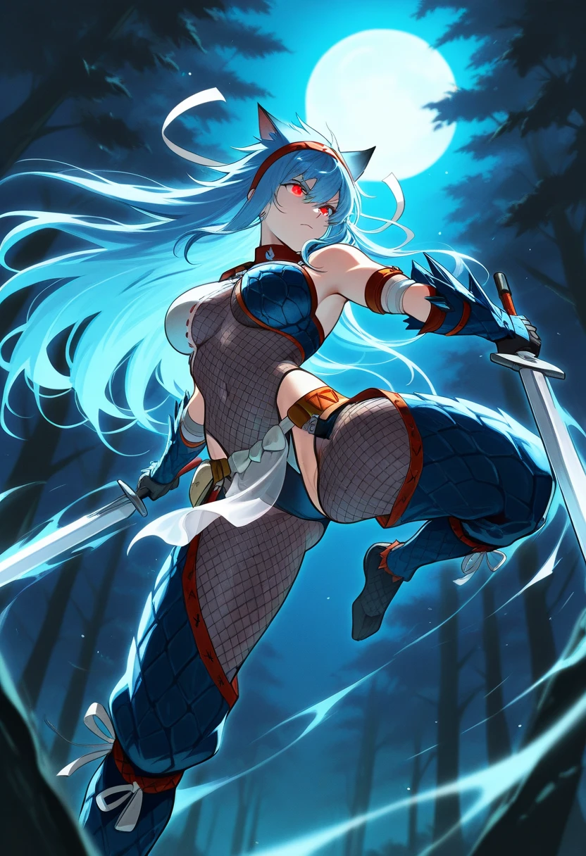 leviathan_megamanz, 1 girl, From the back facing the viewer, blue hair, blue eyes, Mountain background with waterfall