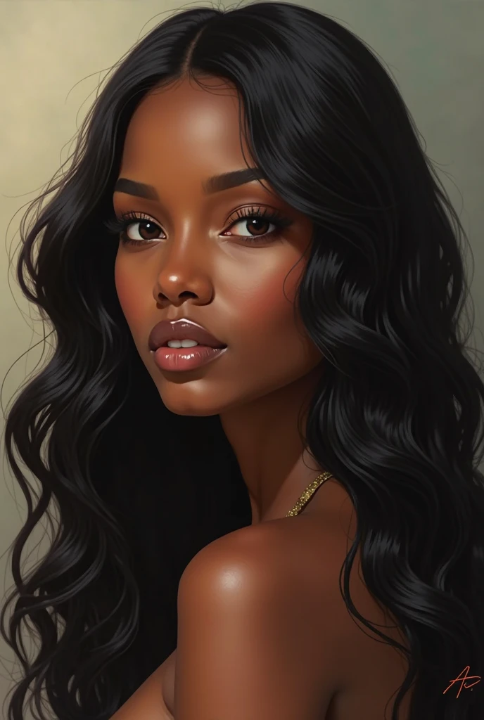 (photorealism:1.2),black woman, green eyes, prominent nose, long straight black hair with shiny waves, woman is SydneJHaper com imaanhammam,Naked, smiling