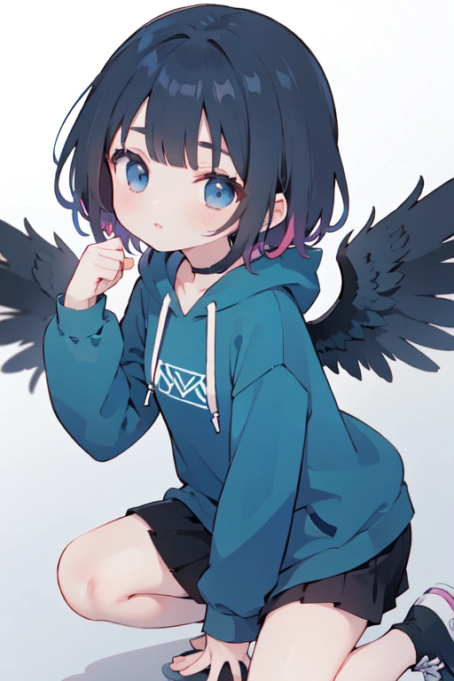 1girl, gyaru, cute, kawaii, angel halo, (fallen angel), earrings, curry hair, heart, (white and light blue), (too big hooded sweatshirt, over size), sneakers, expressionless, (unamused:0.4), open mouth, looking at viewer, (thigh:0.8), simple background, full body, (cyber punk:0.6), (sweets)