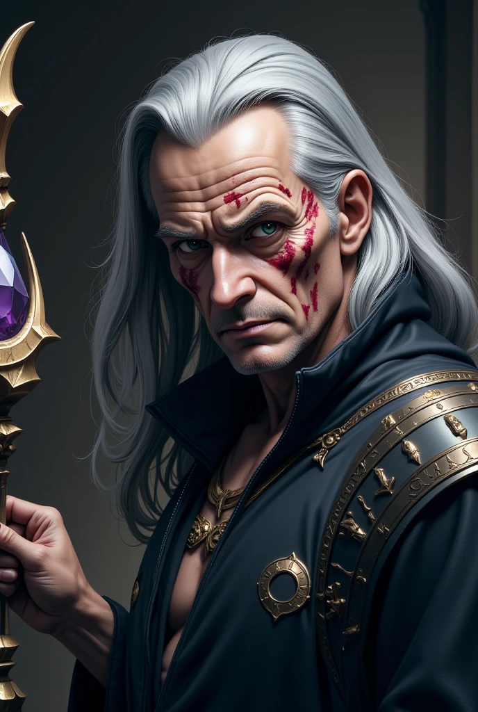 absurd details, intricate details, oil painting \(medium\), (realistic:1.3), necromancer, male focus, mature male, aged up, skull \(accessory\), blue_fire, stoic, looking at viewer, lens flare, full body