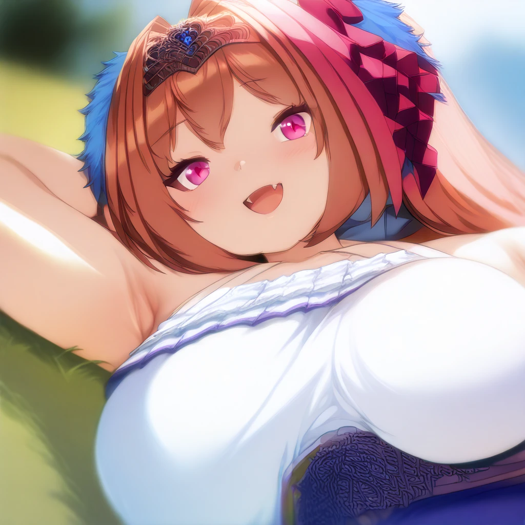 anime style, pov view, pecorine, mature female, heart pupil, blue eyes, big chest, bikini, nipple, hair ornament, long hair, orange hair, tiara, braid, hair braid, nude, Mouth trembles, shaking, sit down and jumping at man body, very wet vagina sex, full cum, beach, blue sky, Volumetric light, Volumetric particles,