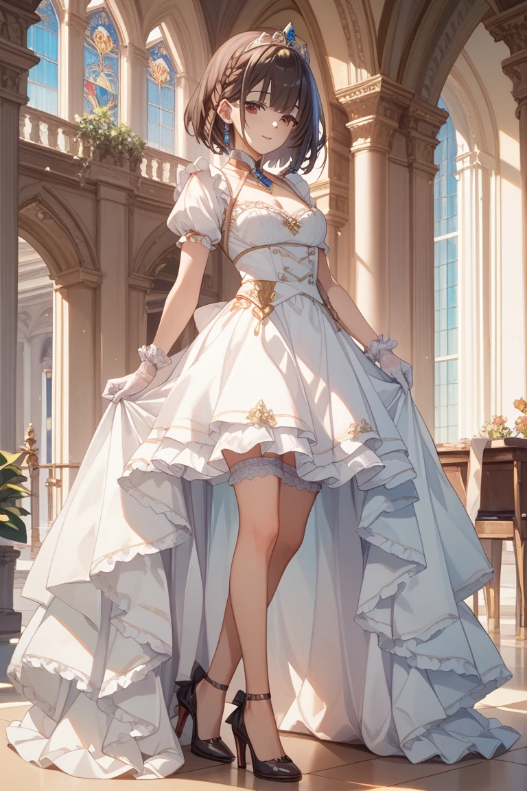 A girl, dressed in a wedding dress, white wedding dress, full body picture, slim, long legs, with English