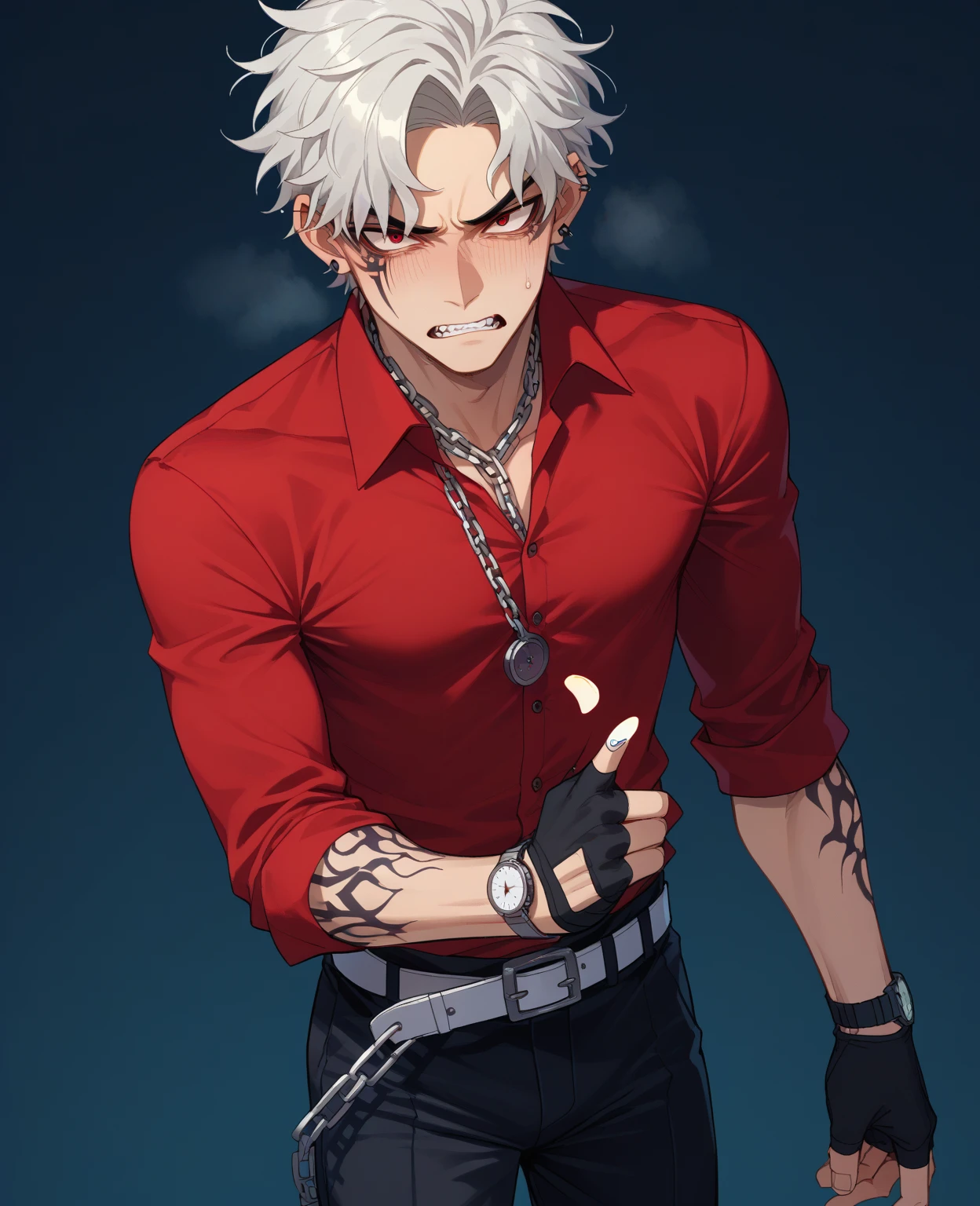 1 male (tall man, slim, manly, dominate, half black colored-hair, half white colored- hair, yellow eyes, tough, wearing a emo outfit, has 1 earring.) best quality, ultra-detailed, illustration, complex, detailed, extremely detailed, detailed face, soft light, soft focus, perfect face, illustration: Full Body, goth.
