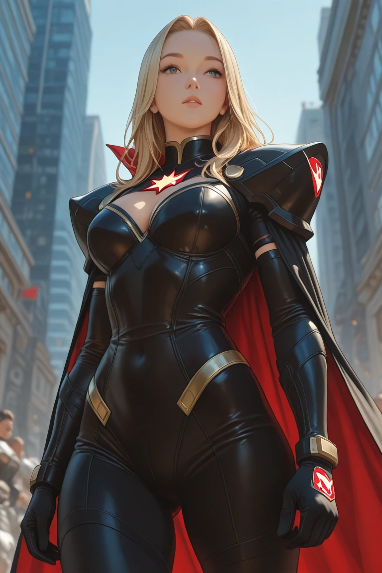 masterpiece, best quality, 1girl, superhero, leotard, black leotard, bare legs, boots, matching boots, medium breasts, light particles, wind particles, aura, stand, standing, highleg, twirl, spin, tornado, tornado twirl, tornado spin, whirlwind, wind particles, blonde hair, city backdrop, time travel,