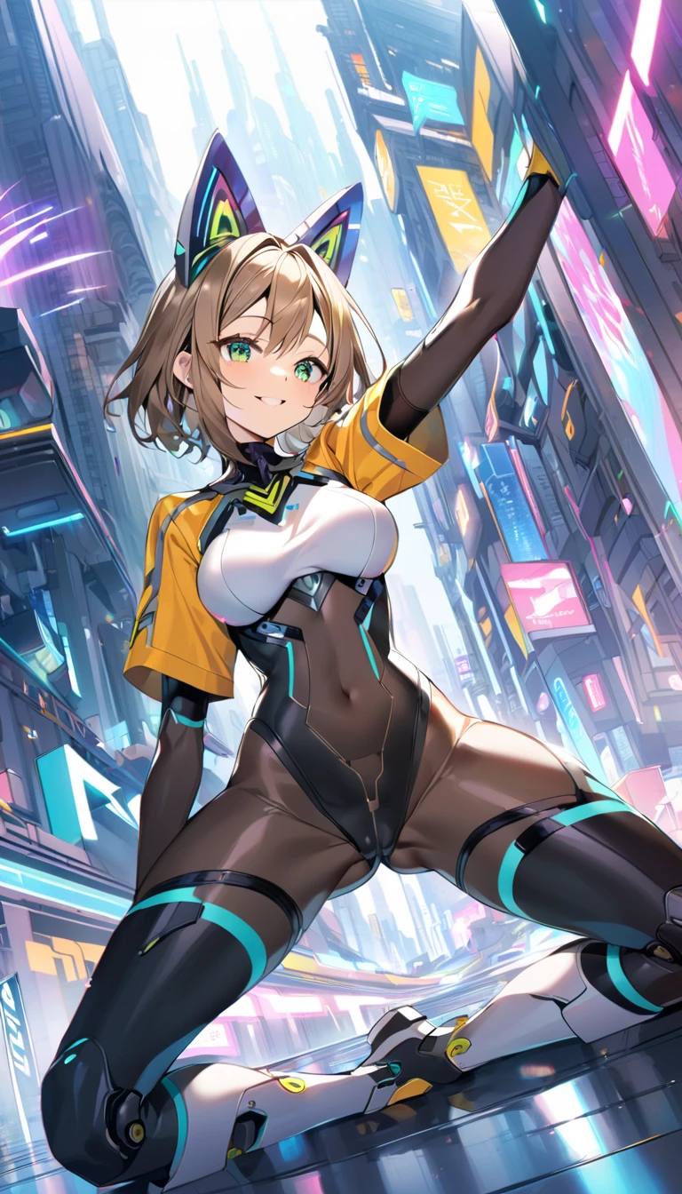 aile_megamanzx, kneeling with one hand on the ground and the other arm raised, 1girl, solo, short hair, brown hair, short sleeves, (bodysuit), robot ears, green eyes, short_shorts, short sleeves, short over long sleeves, smile, in futuristic_city_landscape, , high quality, medium_breasts,crotch, slouch,(covered_nipples:0.6), laugh,smile,open_mouth.