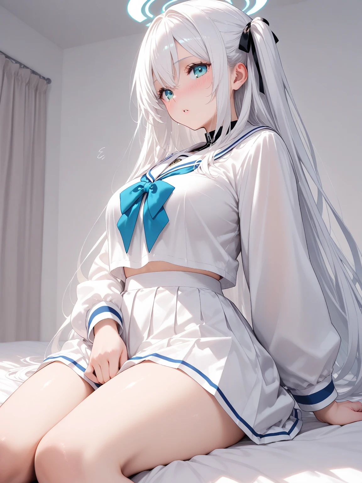 Very cute girl、(11 years old)、White Hair、Long Straight Hair、Bangs are too close to the eye、Light red eyes、(Normal human ear)、Thin arms、Beautiful body、Slim legs、Shapely breasts、Transparent white skin、smile、(T-Shirtini skirt、White and blue)、I can just make out the shape of the nipples、Ultra HD、Digital SLR,Sit on、