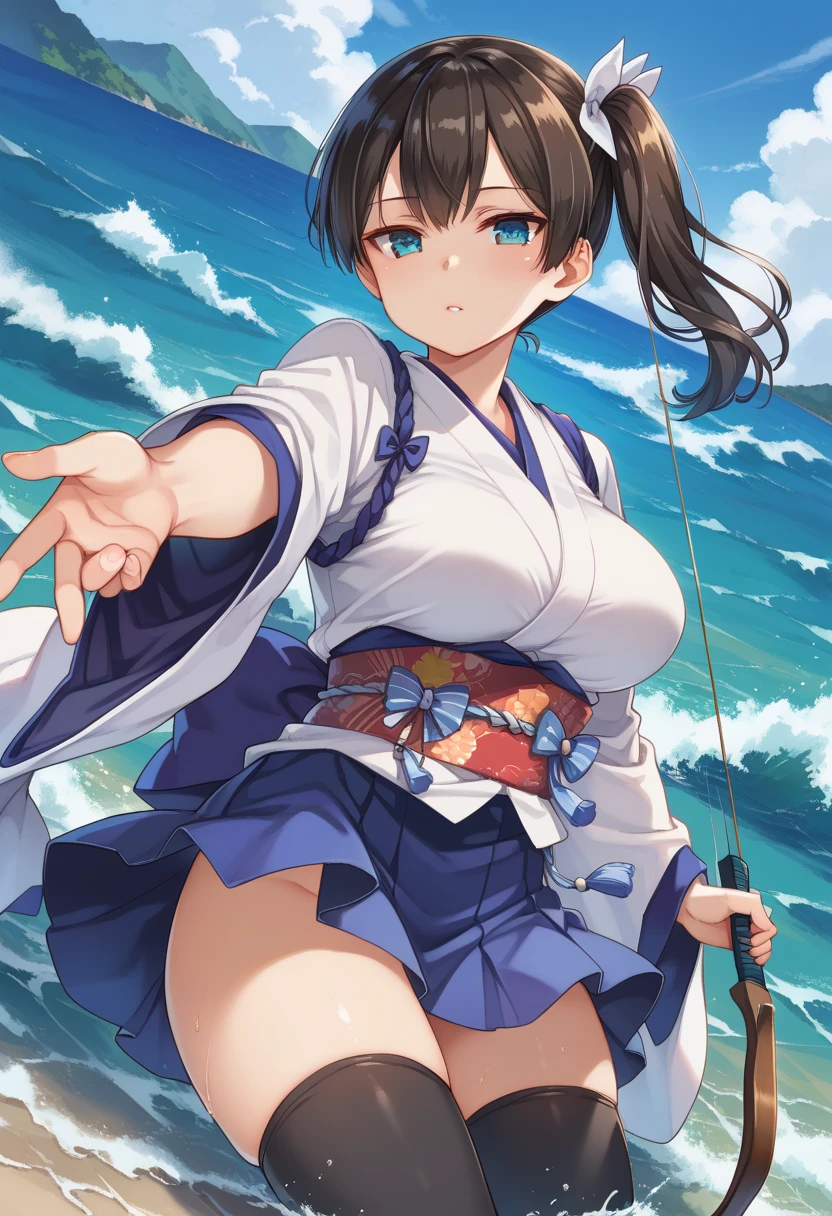 Kaga(Fleet Collection),highest quality, masterpiece, High resolution,kimono,blue skirt,side ponytail,big_breasts,solo,Japanese_bow&arrow,dynamic_posing,half_eyes,solo,plump,