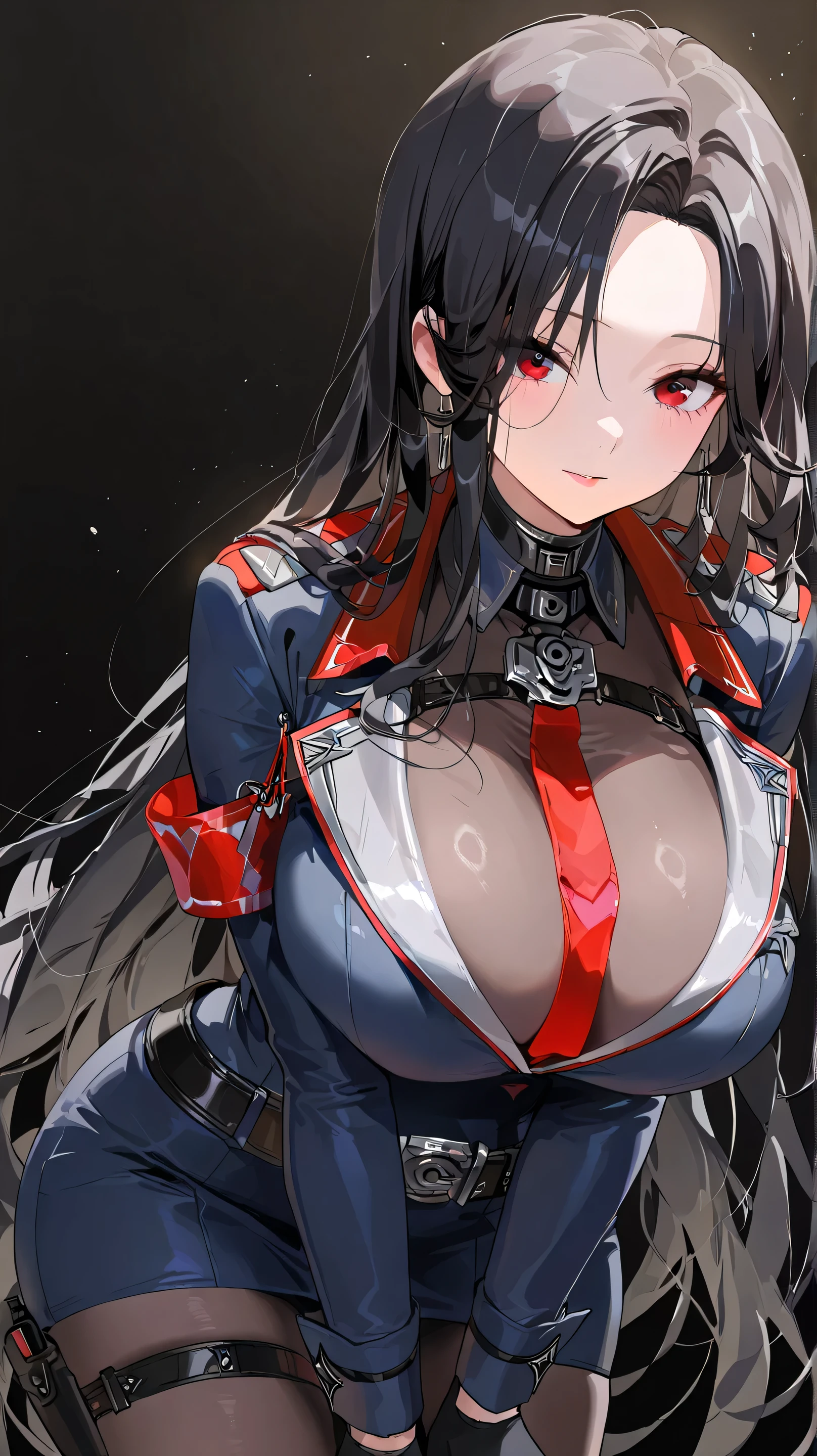 Realistic、1girl、(black hair red hair gradient hair:1.3)、(long hair),red eyes、(glowing eyes:1.3)、open stance,(middle hair),(breast focus:1.3,upper body),(enamel body suit:1.3,open chest
)、(clear face:1.3),cute face,(tareme:1.3),(huge breasts:1.3),(dark color background:1.5)