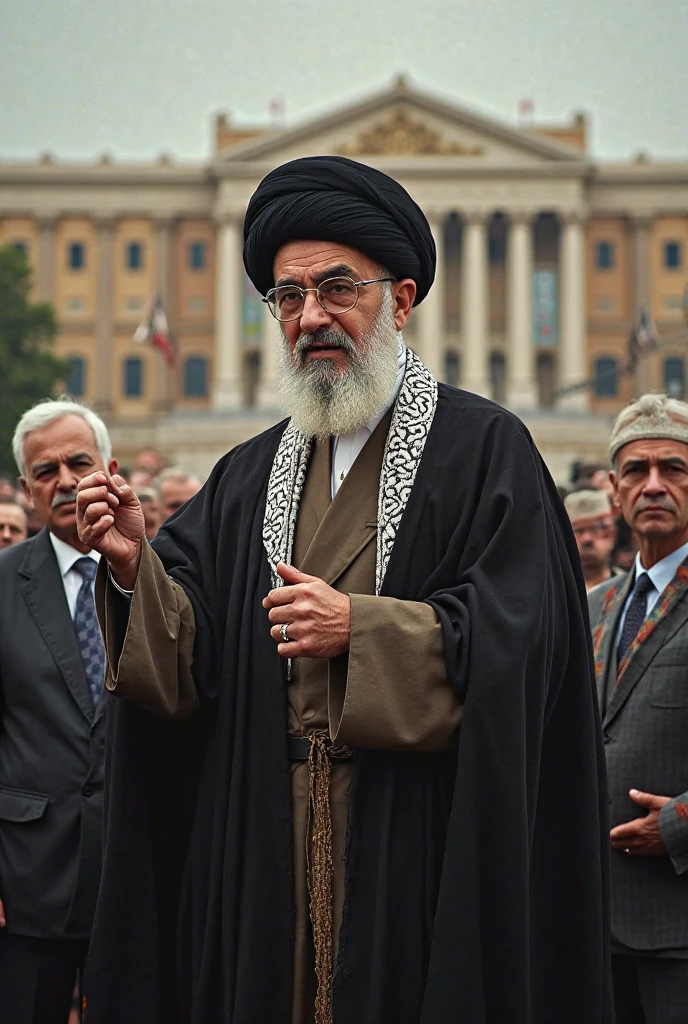 An old, grainy photograph of an Iranian revolutionary cleric passionately addressing a crowd. The cleric, with a flowing white beard and black turban, is captured mid-speech, his expression a mix of anger and inspiration. The Iranian men and women in the background, the women in hijabs, are blurred slightly, emphasizing the focus on the cleric. The image's quality reflects the limitations of the period’s cameras, adding to the sense of history.