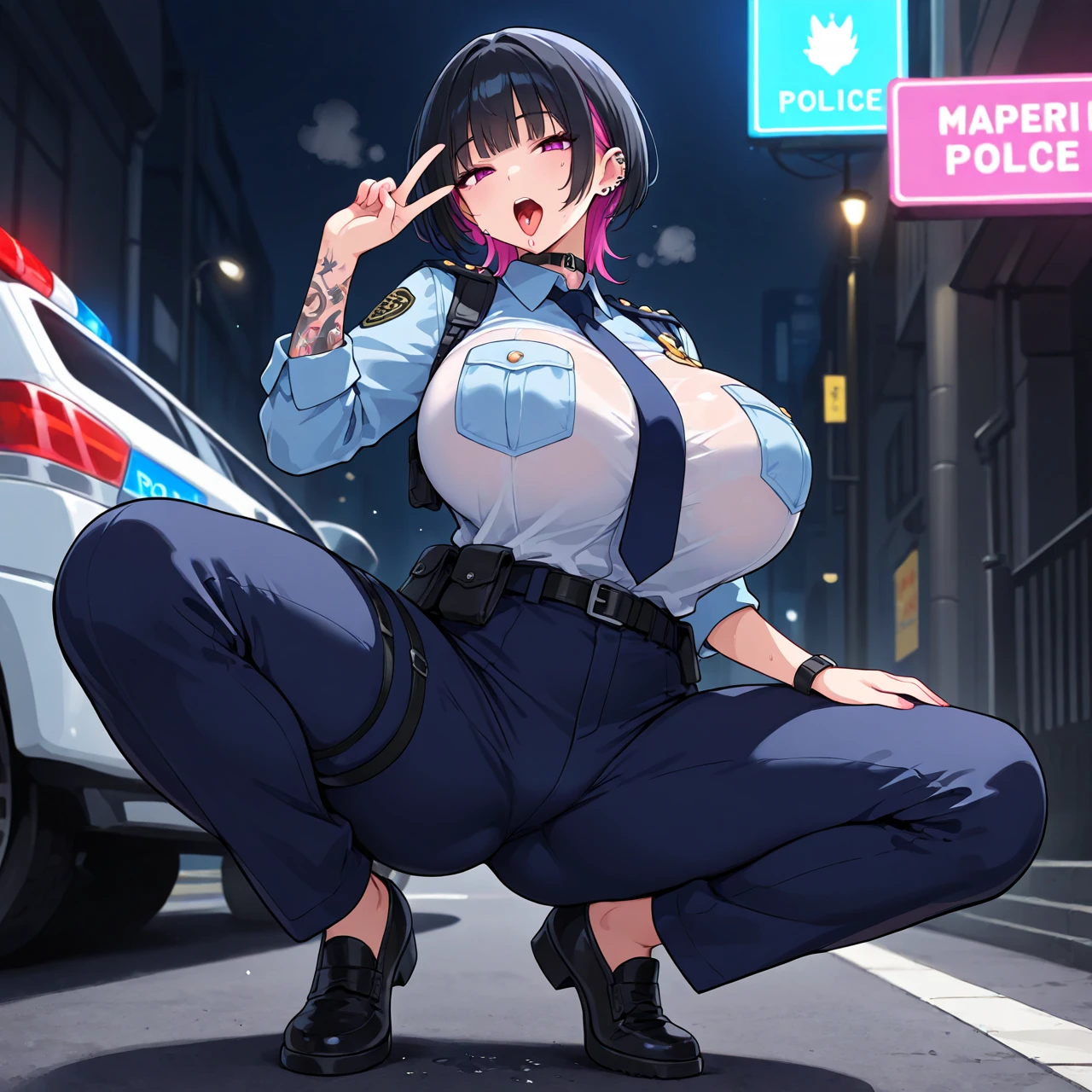 realistic, masterpiece, highest quality, perfect anatomy, (fine eyes), female police officer, huge breasts, Sweat, outdoor, ((navy blue leotard)), yellow eyes、bob cut、police hat、black hair 、swollen nipples、between the breasts, central opening, swollen nipples、blush、pelvic curtain, (wide hips), :d, one eye closed、((embarrassing)), In town, standing split, legs spread、kneel down、Hands on the chest