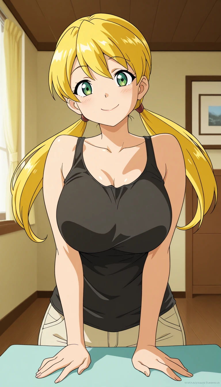 (best quality:1.5, highres, UHD, 4K, detailed lighting, shaders), blonde ponytail, busty, camisole, cleavage, shorts, standing, (close shot), sexy, erotic