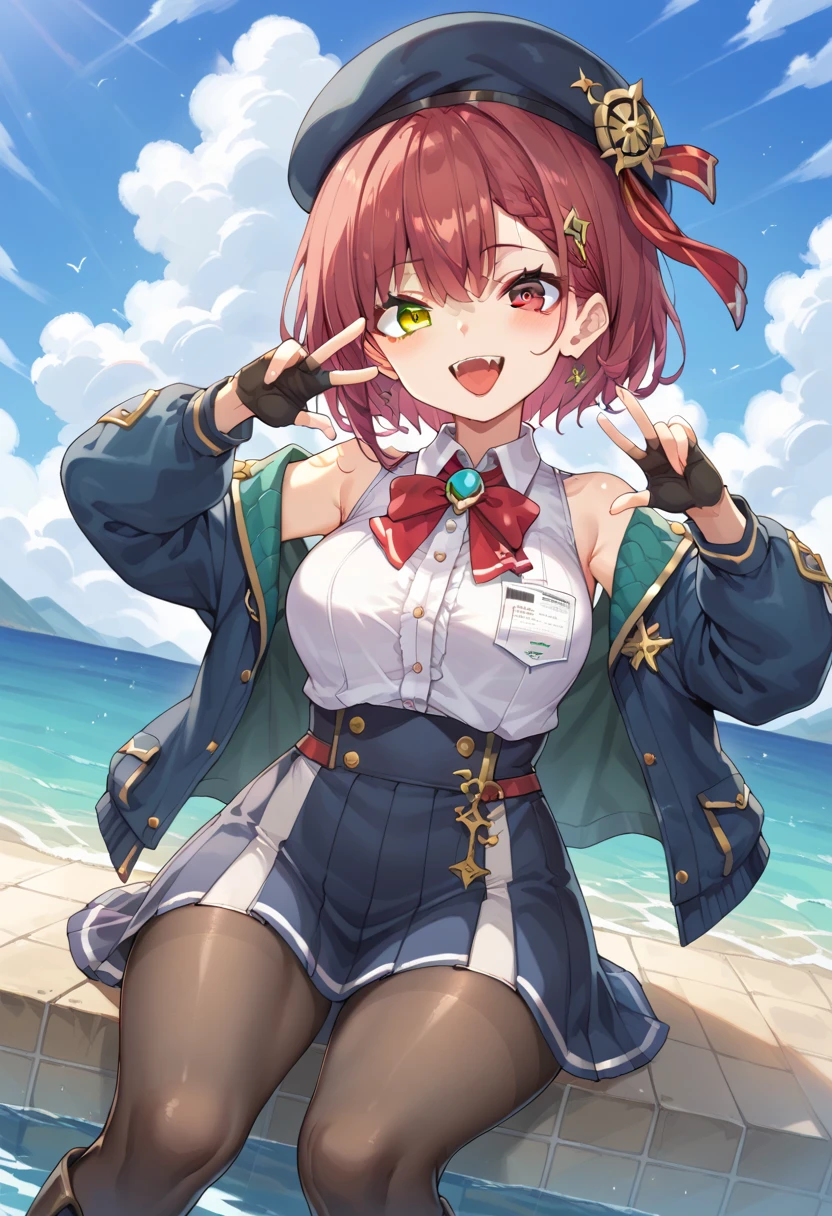 On the Sea、On the pirate ship、With a map in hand、Pointing to the ocean、A lively face、smile、Houshou Marine、Twin tails、pirate hat、Adult women