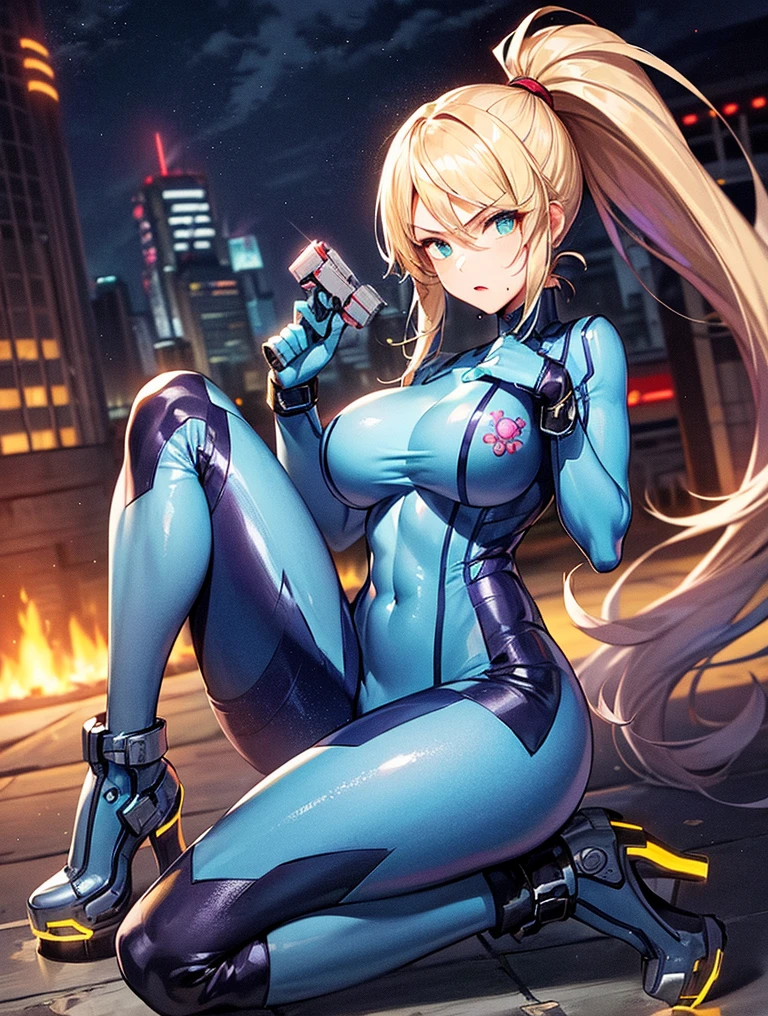 masterpiece, best quality, highres, 1girl, solo, superhero, leotard, bare legs, boots, matching boots, aura, blue aura, sleeveless, gloves, bracelets, matching gloves, looking at viewer, light particles, city backdrop, perfect hands, perfect eyes, powering up, perfect leotard, perfect legs, perfect arms, perfect fingers, blue and white leotard, blonde hair,