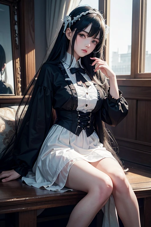 (masterpiece, highest quality), Intricate details, One girl, Long Hair, The front hair is up、 jewelry, Earrings, Twin tails, sexy、Long sleeve, Capelet, Black Capelet, dress, white dress, belt, pantyhose