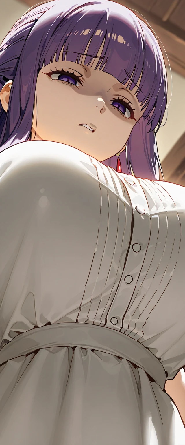(masterpiece, best quality:1.2), 1girl, solo,standing_split, 
fern \(sousou no frieren\), sleeveless clothing,Sleeveless shirt, Unzip the jacket,  detail_face， eyeslashes， purple shinny hair