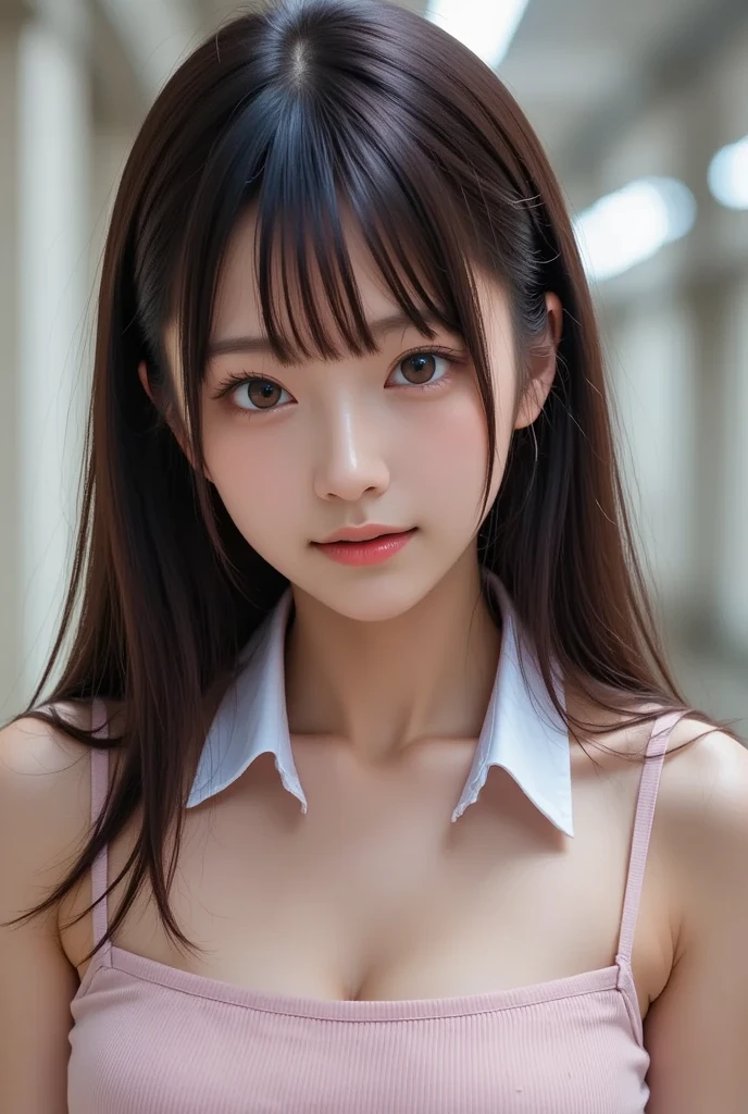 (1 nogizaka girl,raw photo,photo realistic:1.5),(best quality, high quality,HDR, highest quality,ultra high resolution,high resolution,high res,ultra high difinition,huge file size,8K,2K wallpaper,8K wallpaper,high quality texture,amazing,an extremely delicate:1.4),one girl, Japanese famous idol,beautiful face,small face,absurd,ridiculous,incredibly ridiculous,portrait,breasts close up,blurry background,(school uniform,cleavage,no makeup:1.2),(six_heads tall),medium skin,beautiful skin,detailed skin,six heads tall,black hair,silky hair,(Japanese eyes:1.3),detailed eyes,black eyes,Japanese idol eyes,triangle eyes,Japanese nose,5-fingers,(Light Particles, Lens Flare, Luminous Particles: 0.7),looking at viewer,bright lighting,professional lighting,girl