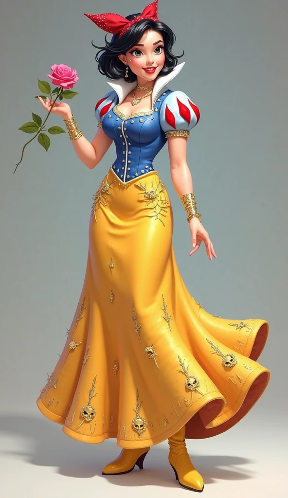 Drag Look for snow white

Snow White:** 
   - **Look:** A sleek, modernized version of her classic dress, with the yellow skirt shortened to a knee-length pencil style. The bodice could be a structured corset with puffy sleeves turned into a dramatic shoulder piece. The iconic red bow would be transformed into a fierce headpiece or fascinator.
   - **Accessories:** Red stiletto heels and a basket-shaped handbag filled with “poison apples.”