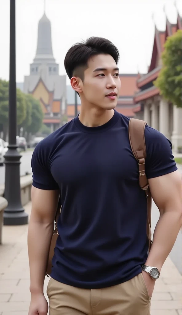 (Highest quality:1.5), (masterpiece:1.5), (8k:1.5), male, (In a bustling city:1.1), 20-year-old, (Asian people:1.1), (Huge body:1.2), Are standing, Showing her side, tanktop, smile
