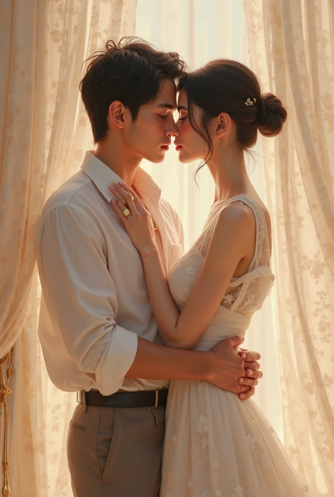 Young boy shirtless kissing a sexy woman wearing a saree near a windowsill, natural light beaming through window, passionate love-making, making out, intensely intimate