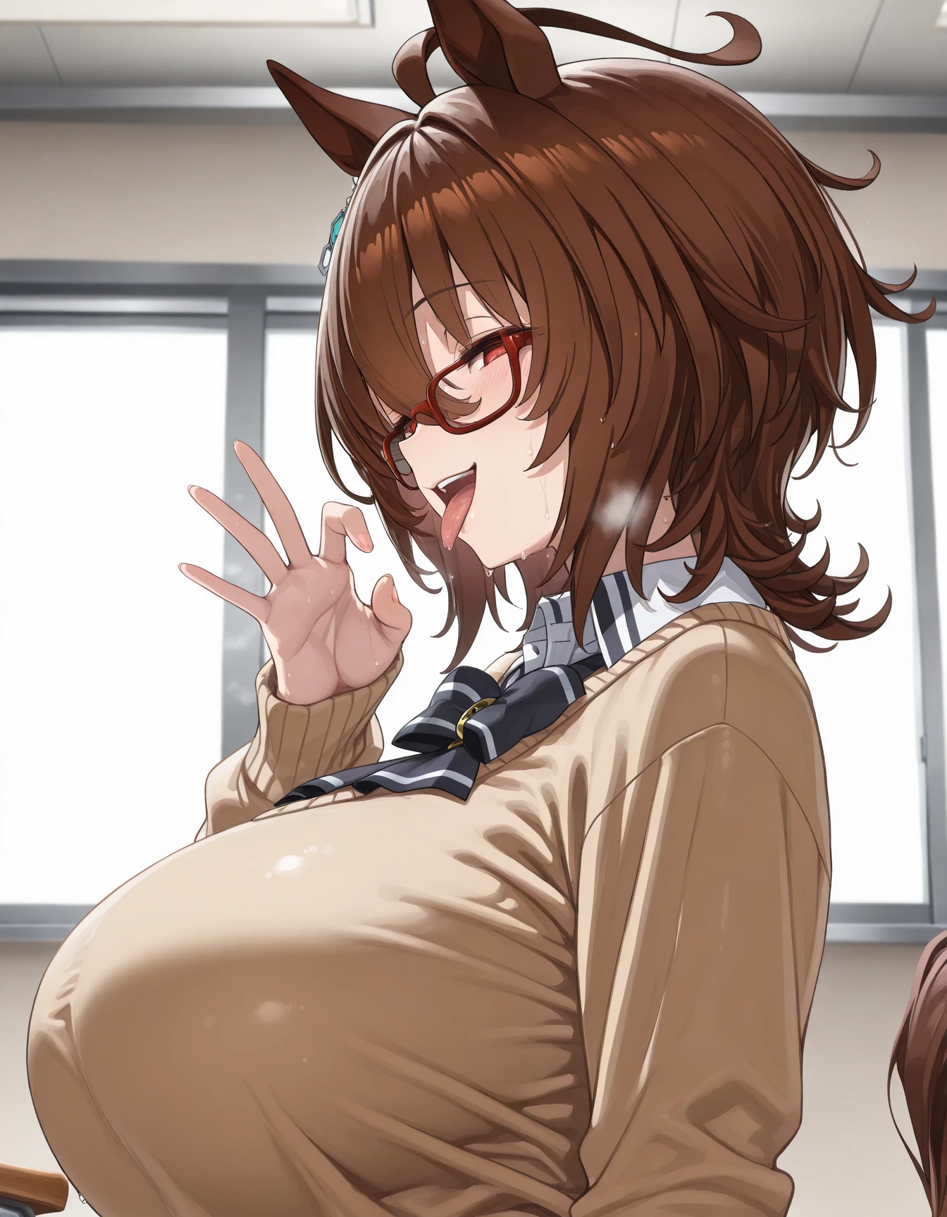 master-piece, bestquality, 1girls,16 years old, View viewers from the up, sit down, leaning forward, horny, HD, slight smile, big tits, cleavage, short orange hair, tights cloth, crop top, miniskirt, heart shape pupille, horns, tiny body, wear glasses, paizuri invitation, no bra
