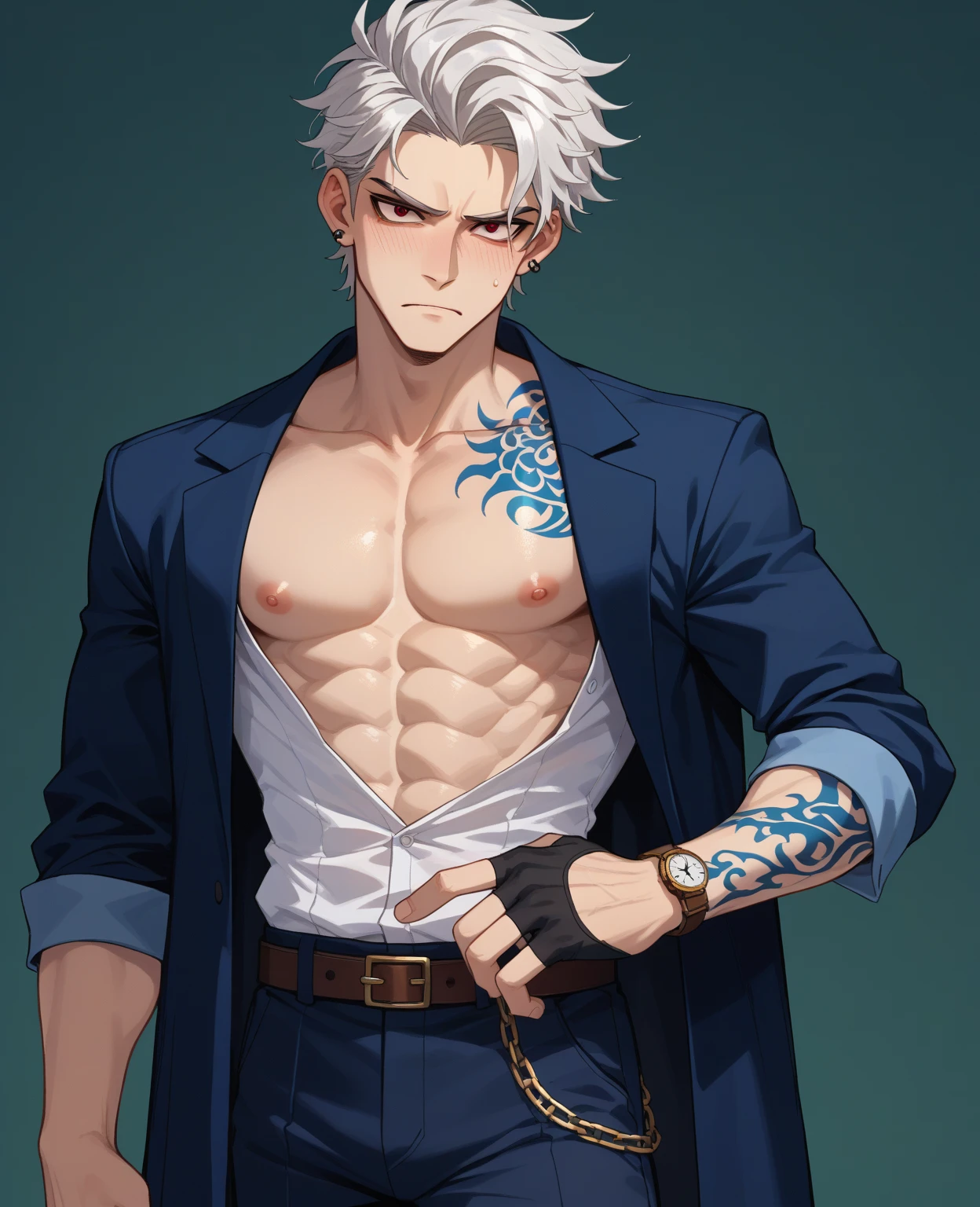 Handsome ancient style boy avatar,dashing,cloth blindfolded,white bandage on hand,wearing earrings necklace,blue tones,cold,silver hair,dark background