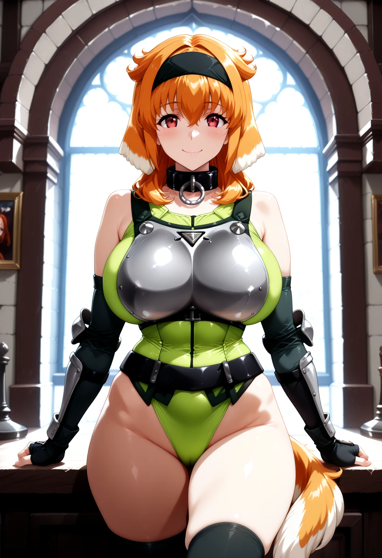 beautiful woman with short white hair, orange inferno eyes, wolf ears and a braided ponytail. She is wearing a revealing, sexy, fantasy knight armor with legplates. Her body is muscular and she is incredibly sexy. Her eyes are orange. She has strong, muscular arms and thick thighs. Wide hips.