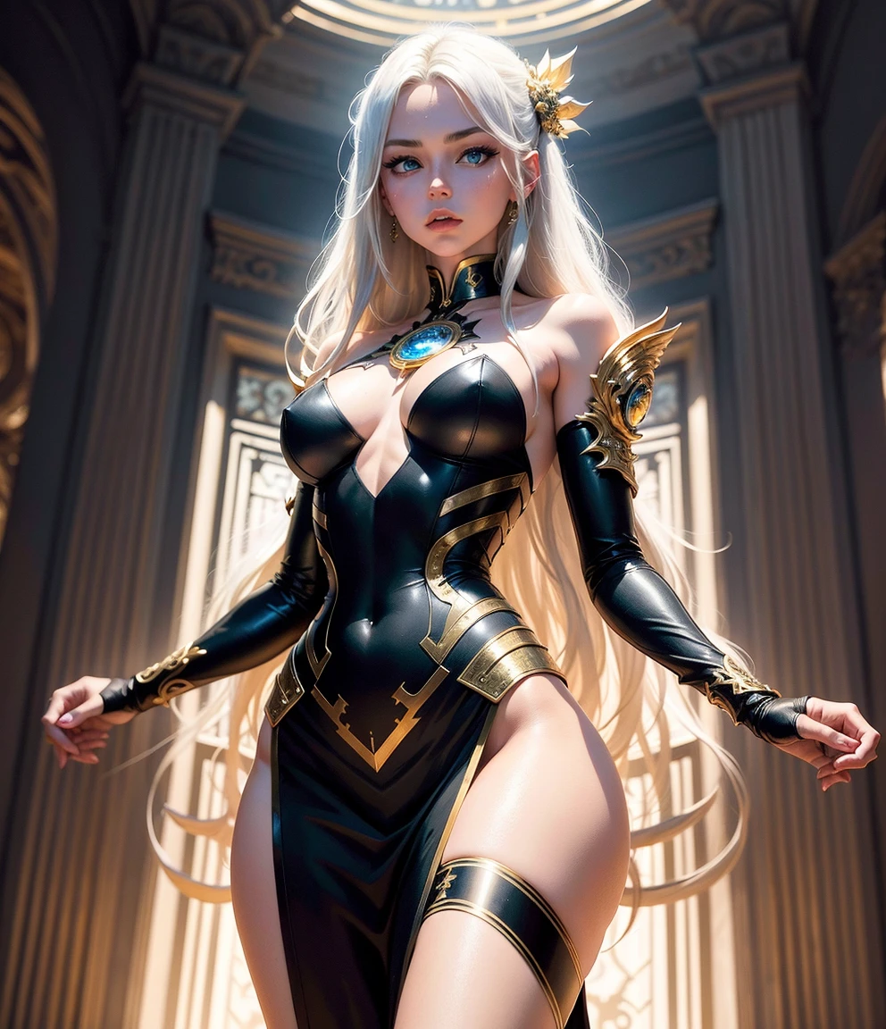 solo, 1 model, girl, 18 years old, white, fair skin, front, ((round breasts)), perfect body, Ebony Armor, oiled body, lighter skin, serious, Russian, long hair, Eurasian, (hyper-realistic), (high resolution), (8K), (extremely detailed), (best illustration), (beautiful detailed hazelnut eyes), (best quality), (super detailed), (masterpiece), ( (detailed face), long legs, legs apart, super fine makeup, pureerosfaceace_v1