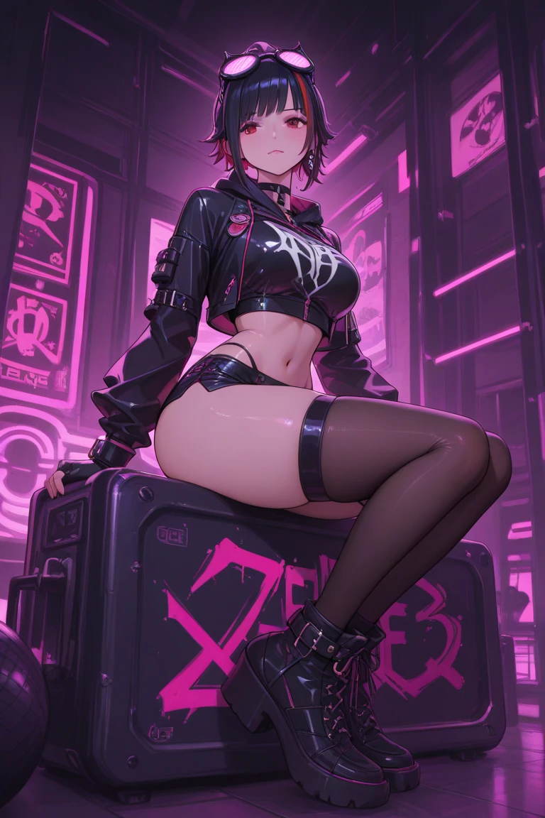 best quality, masterpiece, ultra-detailed, illustration, dynamic pose, Rem from Re:Zero, blue short hair, hair over one eye, (perfectly proportionate body), eyeliner, tired, wearing a leather jacket, face mask, adorned with studded accessories, platform boots, layered necklaces, bold patterns, (torn fishnets), dramatic makeup, black nail polish, oversized rings, chains and buckles, black lipstick, busty body, wearing a crop-top, close-up shot, glossy lips, cinematic lighting, volumetric lighting, vibrant colors, ray tracing, 