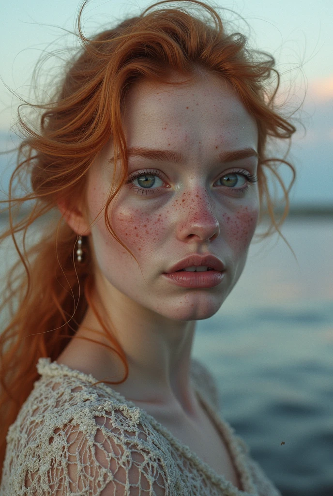 photography half body portrait of very beautiful realistic girl, 15-years-old, porcelain skin, very fair skin, very pale skin, redhead, detail freckles skin, hazel eyes, slanted eyes, small nose, small nostril, thick curved eyebrow, thick bottom lip, seductive gaze, happy face, unique face, wear white bikini, detail photo, realistic photo, master piece picture, sharp picture, outdoor clear daylight,full body picture