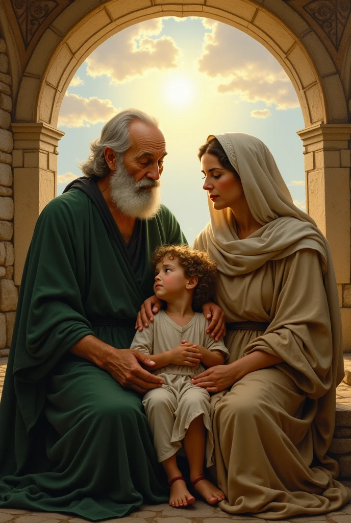 Gere quatro imagens a partir deste texto: Moses and his wife Zipporah, A biblical figure of exceptional antiquity, They are described as people of imposing stature., long white hair from Moses and long black hair from Zippora that flow like the wisdom accumulated throughout his long life. 
Estilo: realistic lighting: Contraste e fundo de luz de fundo: deserto

Poses: Moses and Zipporah kissing (Imagem 1)
Moses and Zipporah with their two sons embraced (Imagem 2)
Caminhando pelo deserto, with reflective expression (Imagem 3)
Looking Up The Sky, with an expression of astonishment (Imagem 4)
Ordem: 1, 2, 3, 4