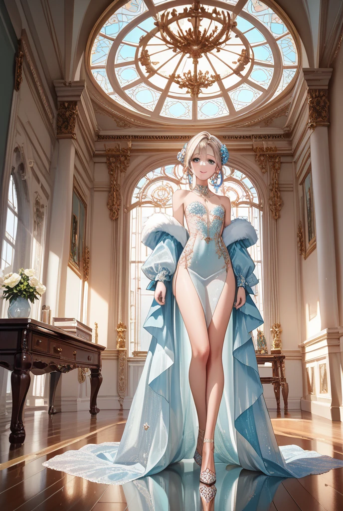 RICK AND mORTY'S, Rick, is watching a fashion show in a world of clockwork people. Cute clockwork woman (age 25, high heels, sexy dress, semi transparent skin showing her gears)