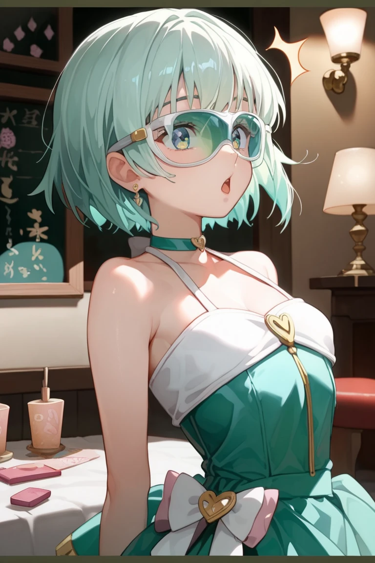 Masterpiece, best quality, 1girl, solo, 53 years old, milf, teal and green hair, messy hair, asymmetrical hair, ahoge, very short hair, aqua eyes, medium breasts, pale skin, glasses, topless, jean shorts, blush, covering self