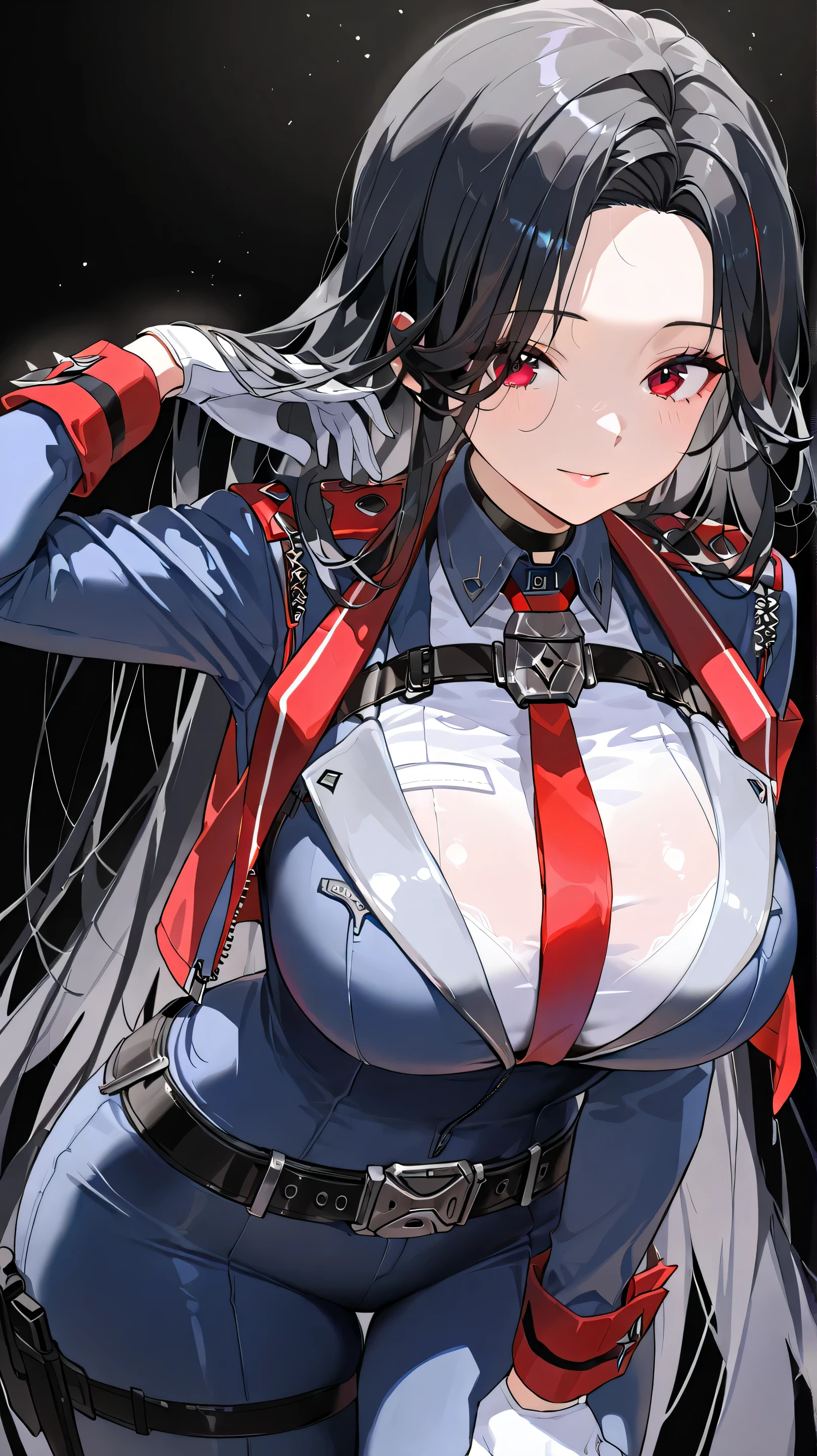 masterpiece, best quality, high resolution, very detailed 8k, very detailed, 1 girl, solo, Maiden of Nikke, translucent white skin, clean skin, adult and cool woman, beautiful, slender, round body, ample bosom big breasts, hip length very long hair, smooth hair, forehead, red eyes, black hair, look at viewer, she is wearing black official clothing, highlight wrinkles in clothing, black background:1.3, she is standing, focus her