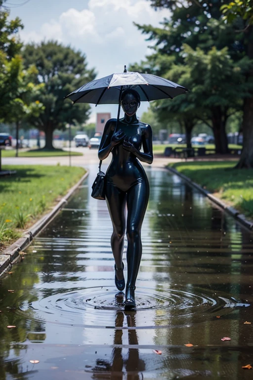 there are two statues of people running down a street at night, dark figures walking, black rubber suit, big video statues, body painted with black fluid, rubber suit, zentai suit, rubbery - looking body, rubbery-looking body, black latex suit, sexy black woman walks past them, menacing statues, skintight suits, time travelers appear in a park