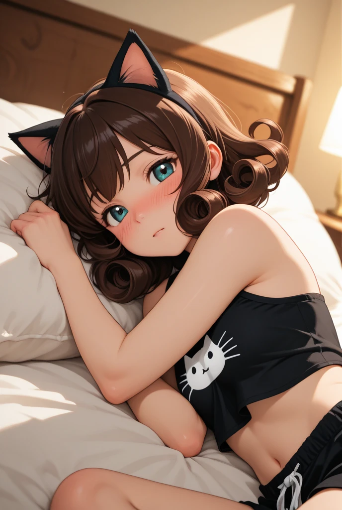 Loose erotic underwear,The chest is faintly visible,Disheveled clothes,Lie down in bed,Bend your limbs upwards,The whole face is flushed,Cat lady,opening eyes,streaming tears,Translucent saliva diagram