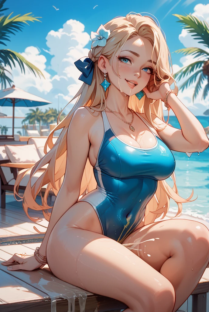 mature woman, medium breasts, ((pale blonde hair with bangs, long hair, wavy hair, bright green eyes)), wearing aquamarine one piece swimsuit, white headband, innocent expression, winking, pink lips color, smiling happily at viewer, Surrealism, anime style, depth of field, 8k, super detail, high details, Cinematic lighting, close up face, hyper HD, Masterpiece, High details, detailed light, detailed shadow, detailed background, full body image, pose: sexy pose on beach blanket, holding a cup of expresso, cute cup, background: beach, vintage beach umbrellas, blue sky