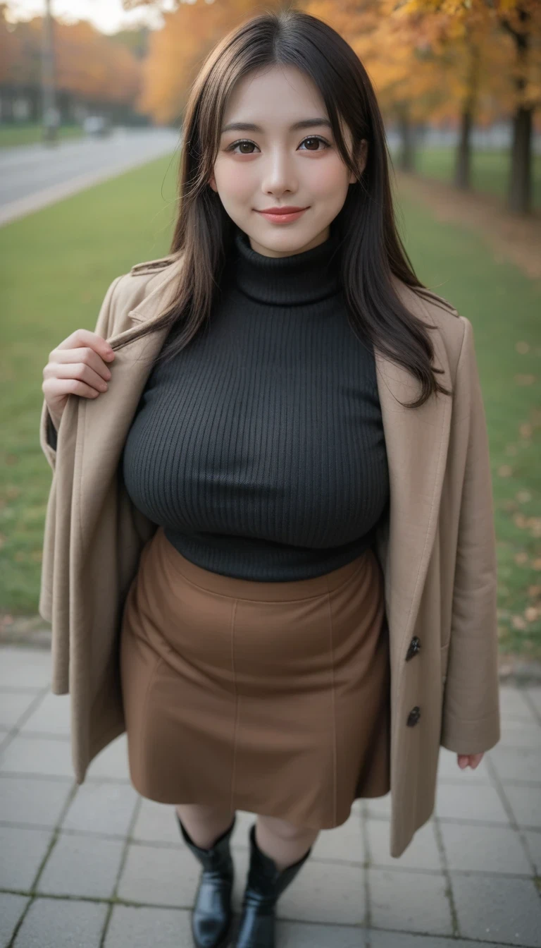 score_9, score_8_up, score_7_up, masterpiece, best quality, amazing quality, very aesthetic, newest, depth of field, (blurred background), (dramatic lighting),masterpiece, best quality, very aesthetic,8k,masterpiece, best quality,realistic, masterpiece, best quality, 8k, 1girl, autumn, black sweater, long hair, brown coat, brown skirt, black boots, closed mouth, coat, huge , (small head, pretty girl, Japanese girl:1.3), (chubby:1), long sleeves, looking at viewer, orange background, brown eyes, ribbed sweater, skirt, smile, solo, sweater, swept bangs, turtleneck, turtleneck sweater, Full body shot, from above, high-angle shot, portrait,  out, exposed , massive cleavage