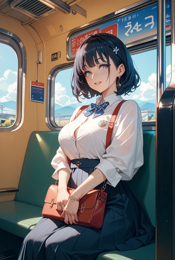 A beautiful woman with short blue hair. She is wearing a white shirt with red ribbon along with short blue skirt. She has a big chest. She is standing inside the train with a blushing face. The train is packed with many passengers.