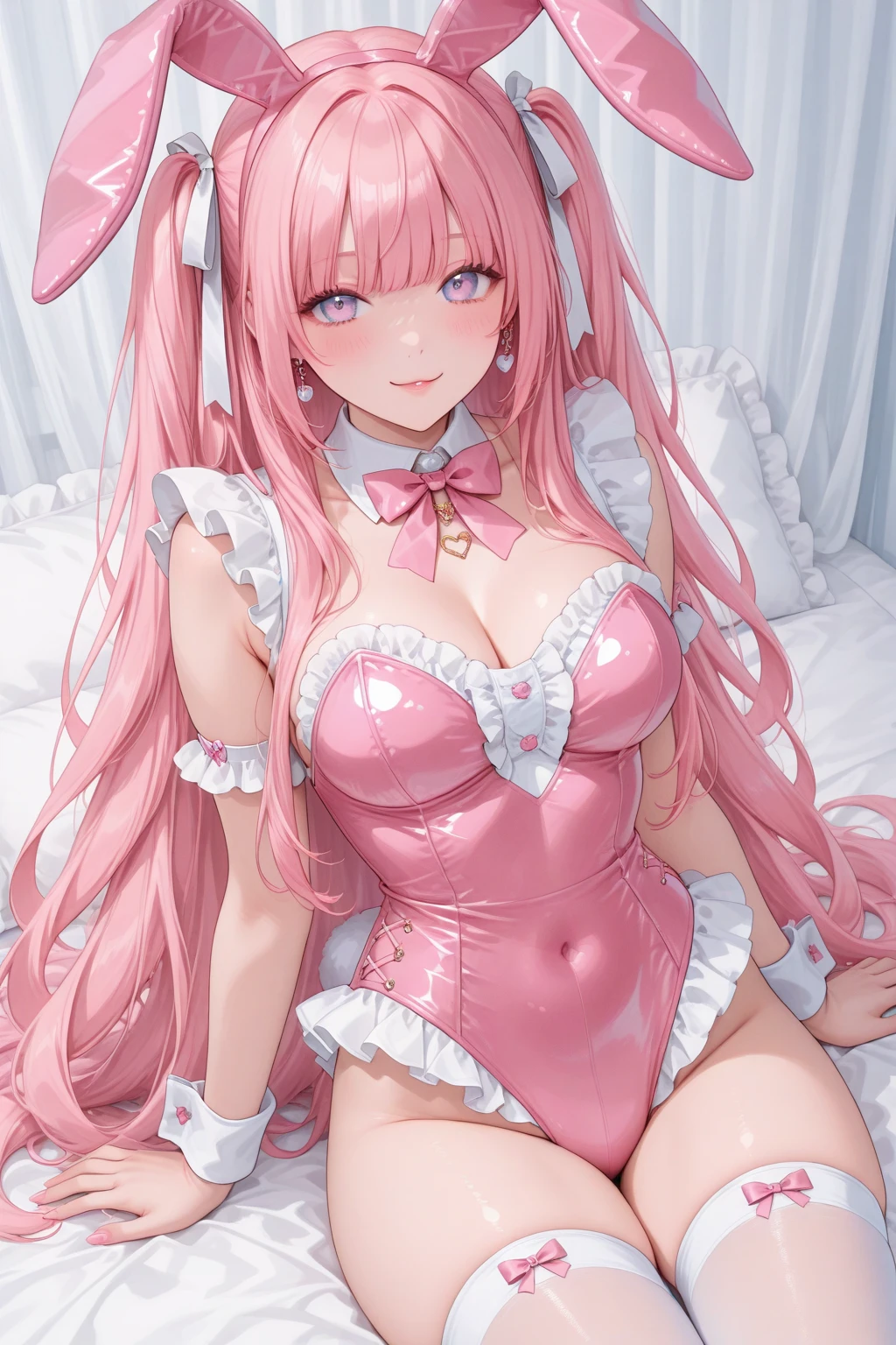 Pink rabbit ear headdress,White stockings,Short pink skirt,Pink top,long whitr hair