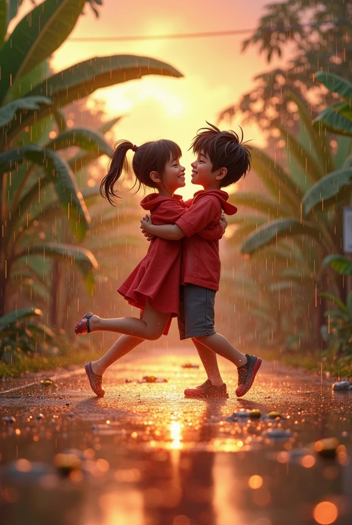colage boy and girl in rain dance night