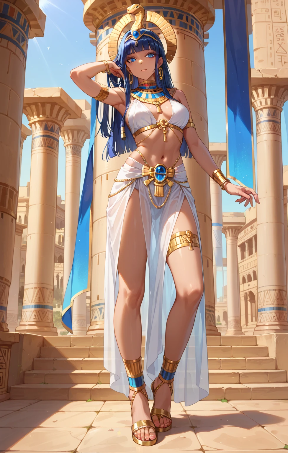 Koizumi hanayo, bangs, beautiful, beautiful woman, perfect body, sexy pose,beautiful female model,facial details,(sedative:1.2),glowing eyes,detailed body part details,looking at viewer,arrogant,(one hand on hip one hand on hair),thighs,navel,midriff,cleavage, sweating,(golden exposing Egyptian dress), underwear,tiara,in Egyptian desert,sun and pyramid in background.
