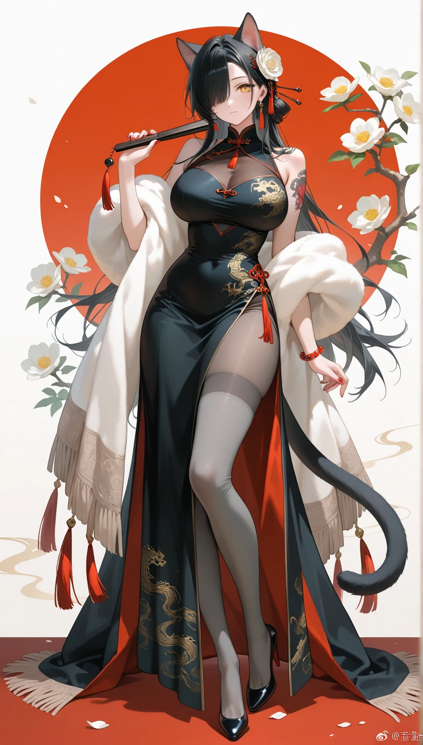 (portrait, masterpiece, top quality, best quality, official art, beautiful and aesthetic:1.2), (flat color:1.3), extremely detailed, detailed face and eyes, cinematic light, SFW, anime, depth of field, 1girl, seducing smile, solo, official, black hair, animal ears, long curly hair, hair ornament, purple eyes, black eyeshadow, jewelry, detached sleeves, enormous breasts, dress, big fox tail, bracelet, one tail, mouth slightly open, chinese style background, huge breast, mature