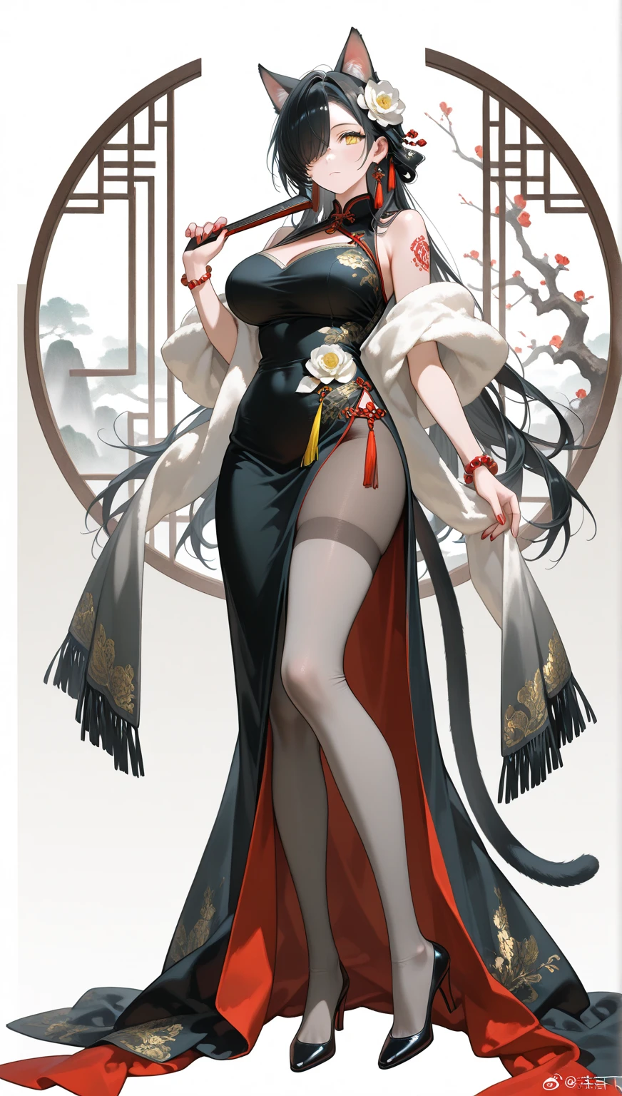 China，Tavern hostess，owner，Red Hanfu，Beautiful hair accessories，Stand up，front，Looking at the audience，Full Body Love，Standing solemnly，Smile，Spring breeze full of petals，Maximum chest，Bare thighs，Fully understand