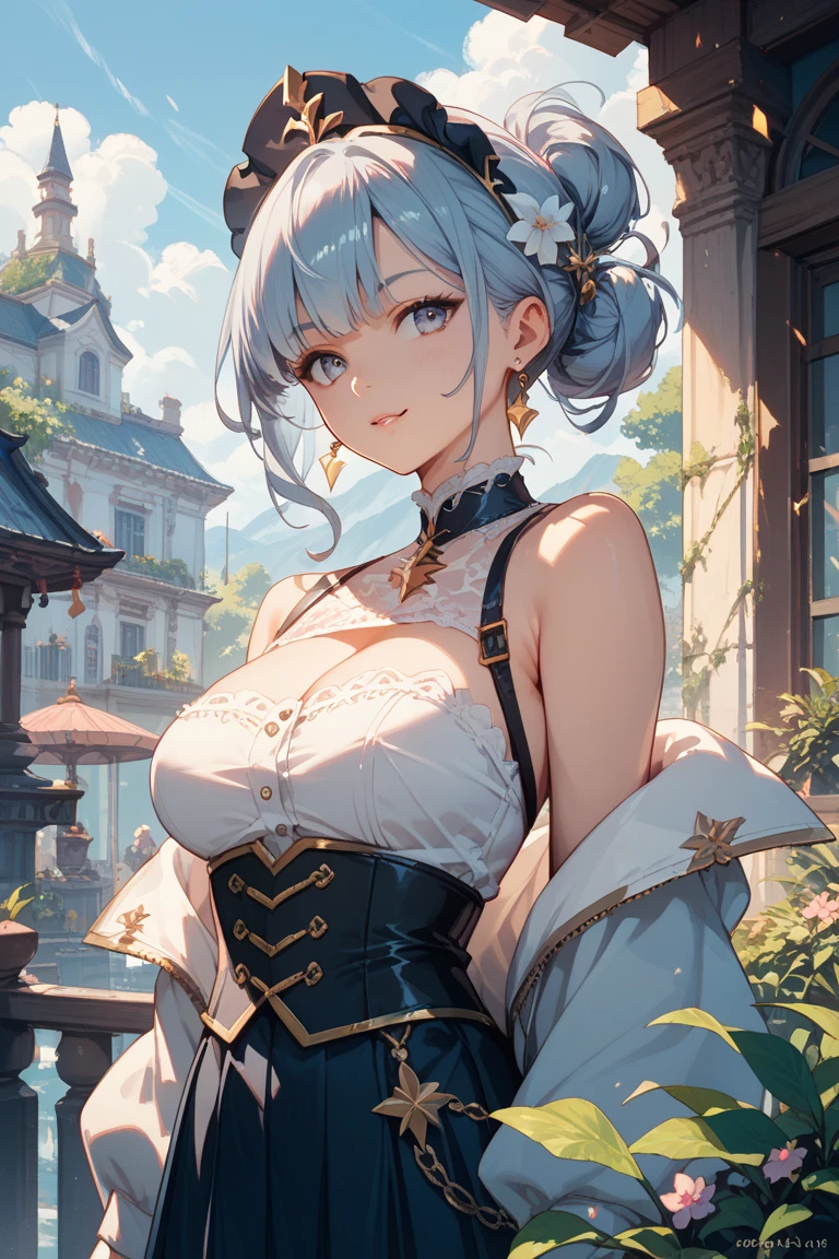 best quality, high-resolution,ultra-detailed,portrait, intricate white long dress, ((modest dress)), standing,flowers field,silver long hair,bun hair,smiling woman,close up to abs, ((moderate breast)), beautiful detailed eyes,beautiful detailed lips,flower petals on air,bare shoulders,vivid colors,studio lighting,soft sunlight, happy face, ((cleavages:0.6)), half body, medium shot