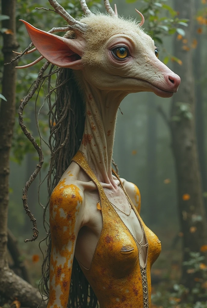 He's aliens....body like an earthly woman , there are almost no differences , , except for the presence of two branches on the head , , pronounced huge, size G ,and their head looks more like a man's, Pronounced cheekbones ,, hair grows only in the center of the head in the form of a thick and long tail, he wears something like Louboutin shoes with a 20 cm heel. From clothes, translucent shorts. Waist stockings on the legs garter. He's standing outside his house on his planet , high-tech civilization , , 1000 years ahead of us in development , their houses are smart houses , in huge cities..... , they're not people but they're very similar , their clothes are only waist-high above they don't wear anything